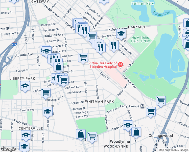 map of restaurants, bars, coffee shops, grocery stores, and more near 1340 Thurman Street in Camden