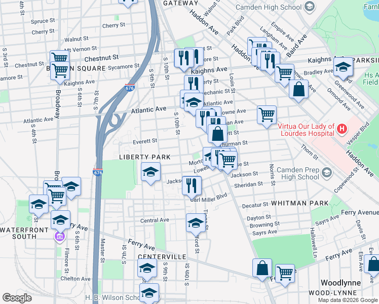 map of restaurants, bars, coffee shops, grocery stores, and more near 1042 Everett Street in Camden
