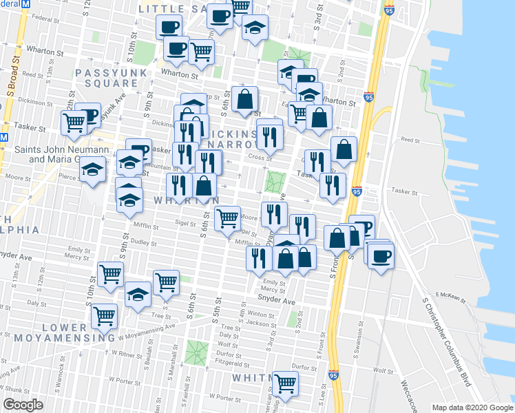map of restaurants, bars, coffee shops, grocery stores, and more near 408 Morris Street in Philadelphia