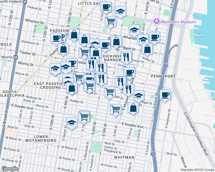 map of restaurants, bars, coffee shops, grocery stores, and more near 516 Pierce Street in Philadelphia