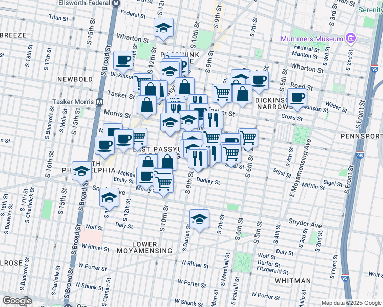map of restaurants, bars, coffee shops, grocery stores, and more near 1740 South 9th Street in Philadelphia