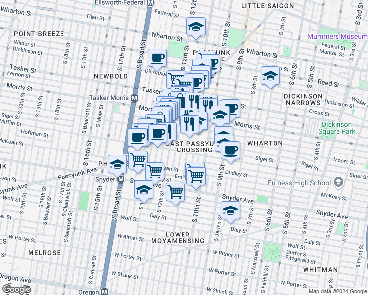 map of restaurants, bars, coffee shops, grocery stores, and more near in Philadelphia