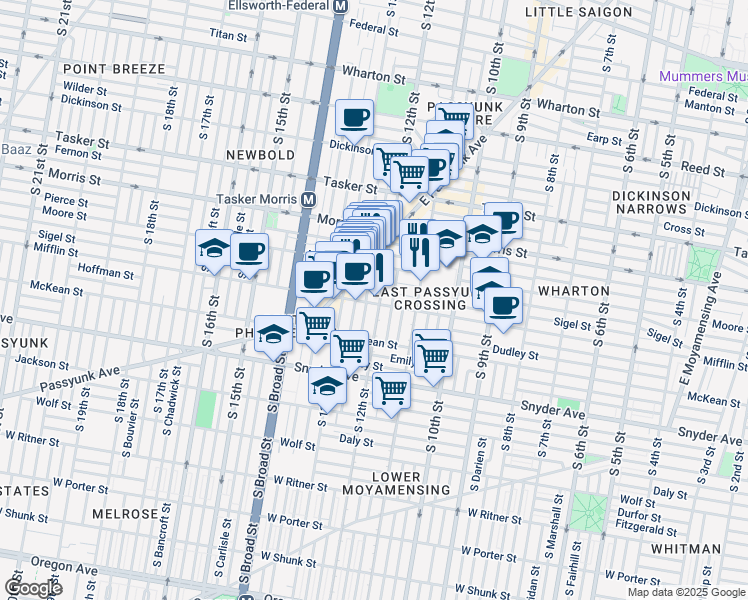 map of restaurants, bars, coffee shops, grocery stores, and more near 1822 South Sartain Street in Philadelphia