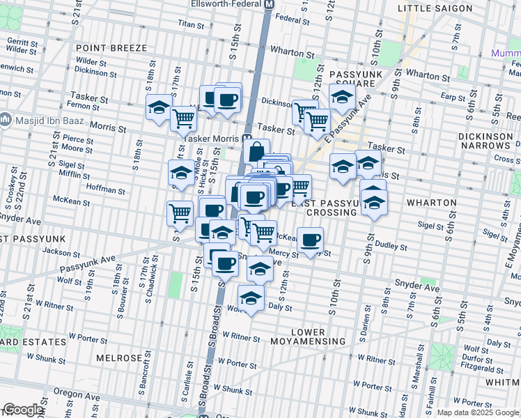 map of restaurants, bars, coffee shops, grocery stores, and more near 1326 Sigel Street in Philadelphia