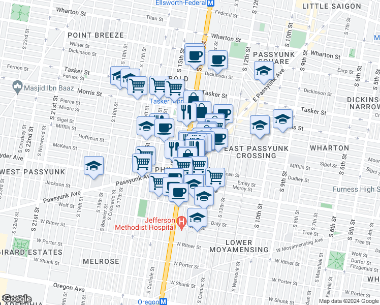 map of restaurants, bars, coffee shops, grocery stores, and more near 1913 South Broad Street in Philadelphia
