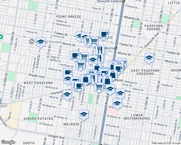 map of restaurants, bars, coffee shops, grocery stores, and more near 1912 South 16th Street in Philadelphia