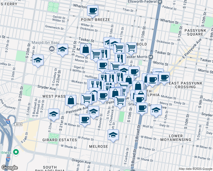 map of restaurants, bars, coffee shops, grocery stores, and more near 1925 South 18th Street in Philadelphia