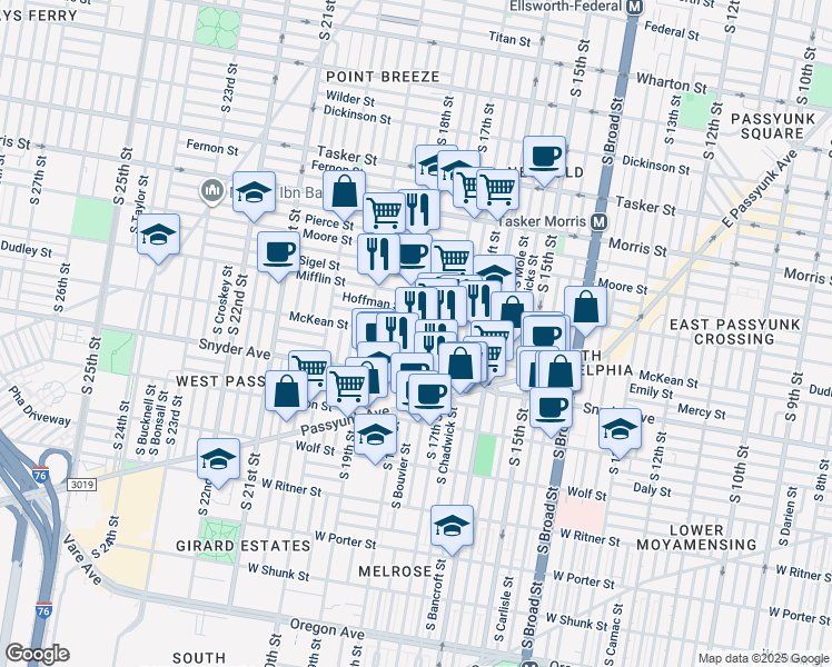 map of restaurants, bars, coffee shops, grocery stores, and more near in Philadelphia