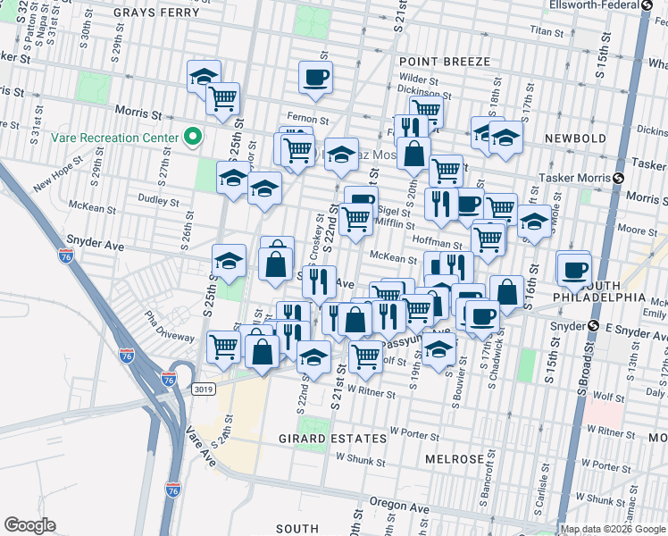 map of restaurants, bars, coffee shops, grocery stores, and more near in Philadelphia