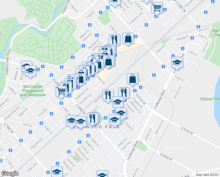 map of restaurants, bars, coffee shops, grocery stores, and more near 6155 Glenmore Avenue in Philadelphia