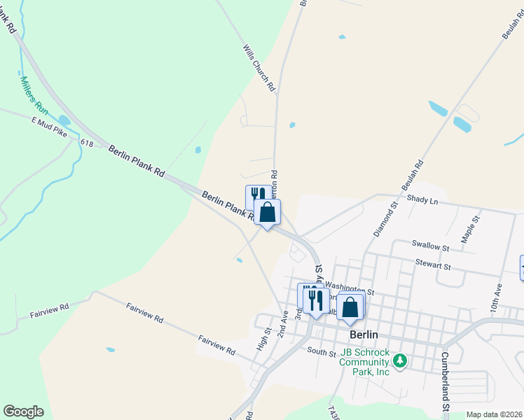 map of restaurants, bars, coffee shops, grocery stores, and more near 3482 Berlin Plank Road in Berlin