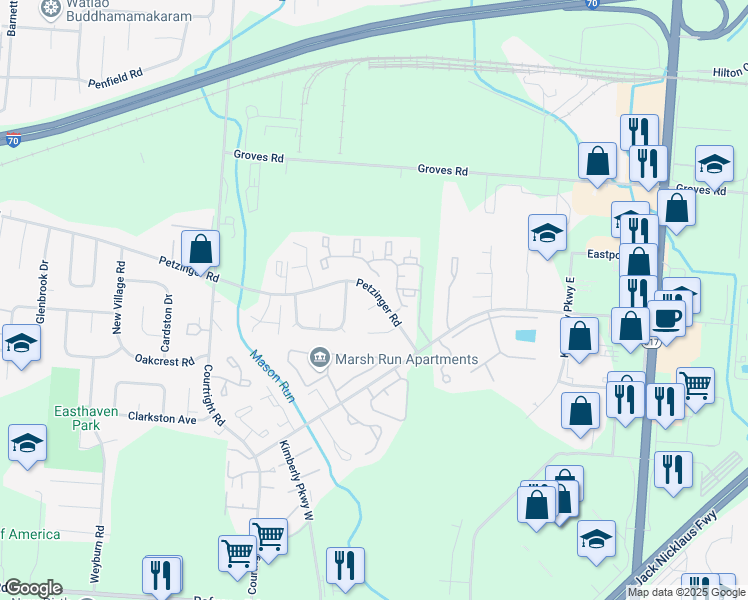 map of restaurants, bars, coffee shops, grocery stores, and more near 3814 Soft Wind Drive in Columbus