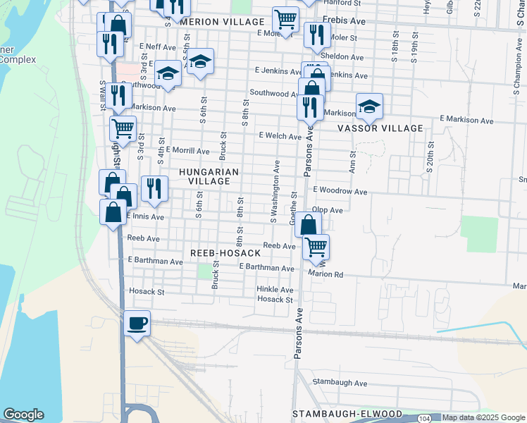 map of restaurants, bars, coffee shops, grocery stores, and more near 299 East Woodrow Avenue in Columbus