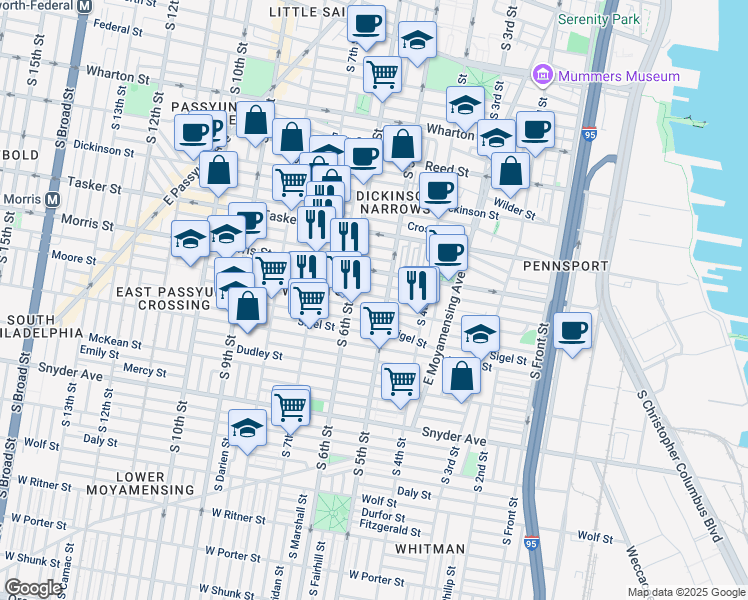 map of restaurants, bars, coffee shops, grocery stores, and more near 512 Pierce Street in Philadelphia