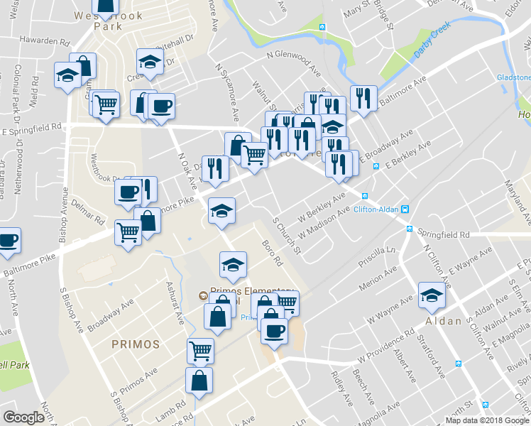 map of restaurants, bars, coffee shops, grocery stores, and more near 124 S Church St in Clifton Heights