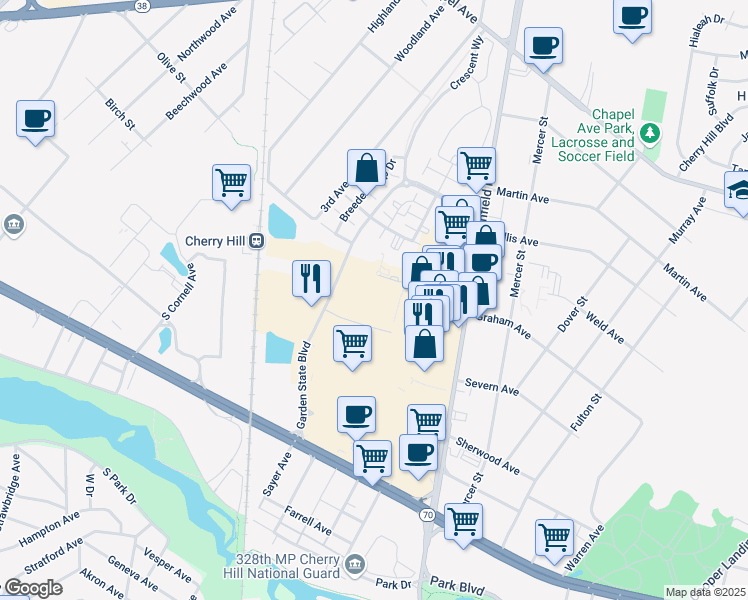map of restaurants, bars, coffee shops, grocery stores, and more near 1 Park Lane Boulevard in Cherry Hill
