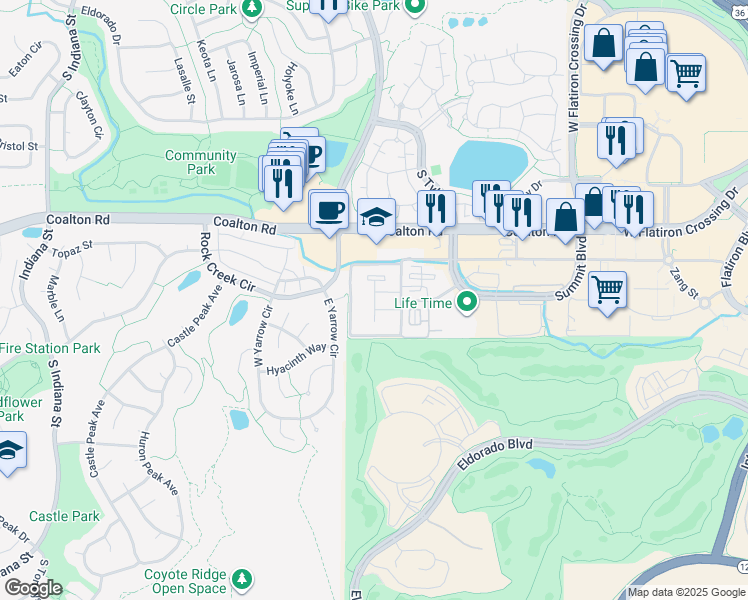 map of restaurants, bars, coffee shops, grocery stores, and more near 210 Summit Boulevard in Broomfield