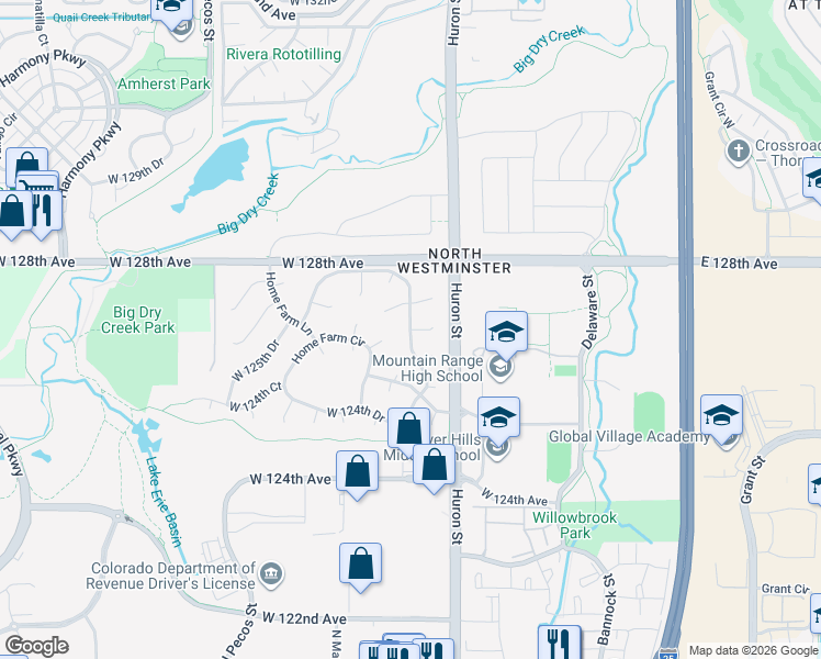 map of restaurants, bars, coffee shops, grocery stores, and more near Home Farm Drive in Westminster