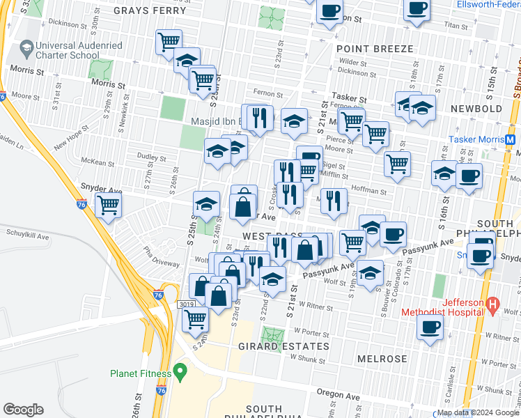map of restaurants, bars, coffee shops, grocery stores, and more near 2042 South Hemberger Street in Philadelphia