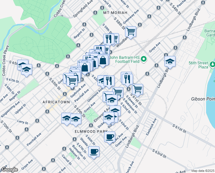 map of restaurants, bars, coffee shops, grocery stores, and more near 6164 Glenmore Avenue in Philadelphia