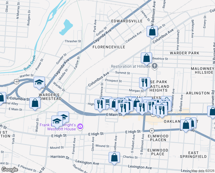 map of restaurants, bars, coffee shops, grocery stores, and more near 320 North Florence Street in Springfield