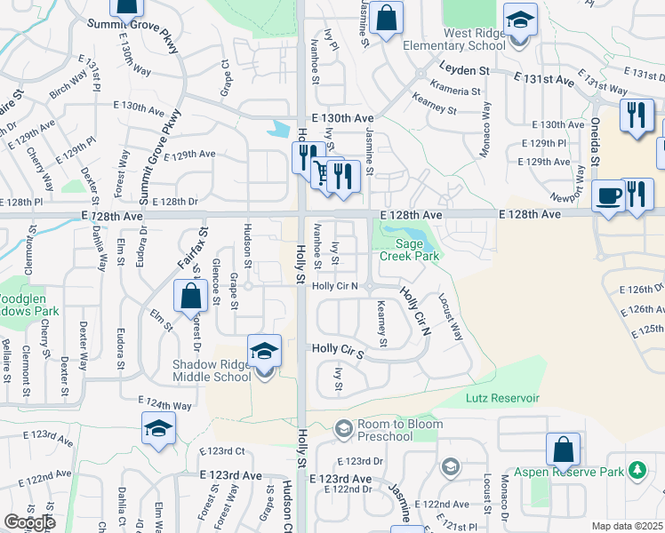 map of restaurants, bars, coffee shops, grocery stores, and more near 12769 Ivy Street in Thornton