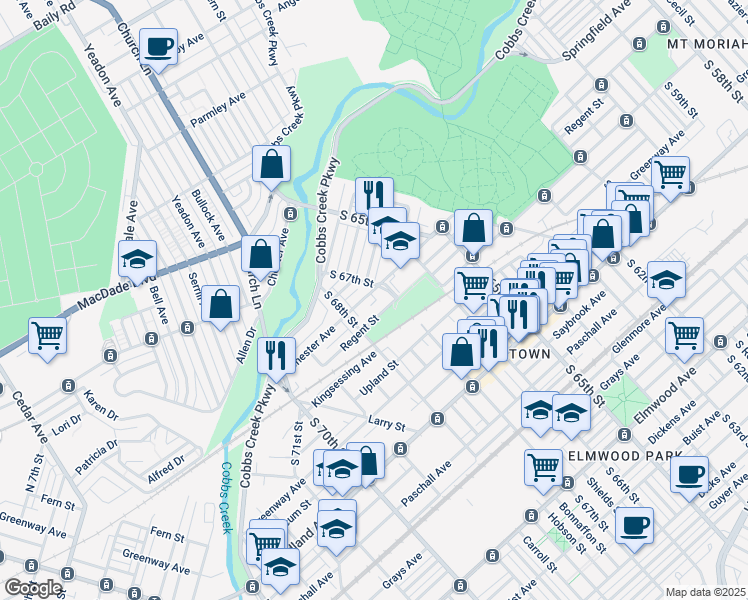 map of restaurants, bars, coffee shops, grocery stores, and more near 6716 Chester Avenue in Philadelphia