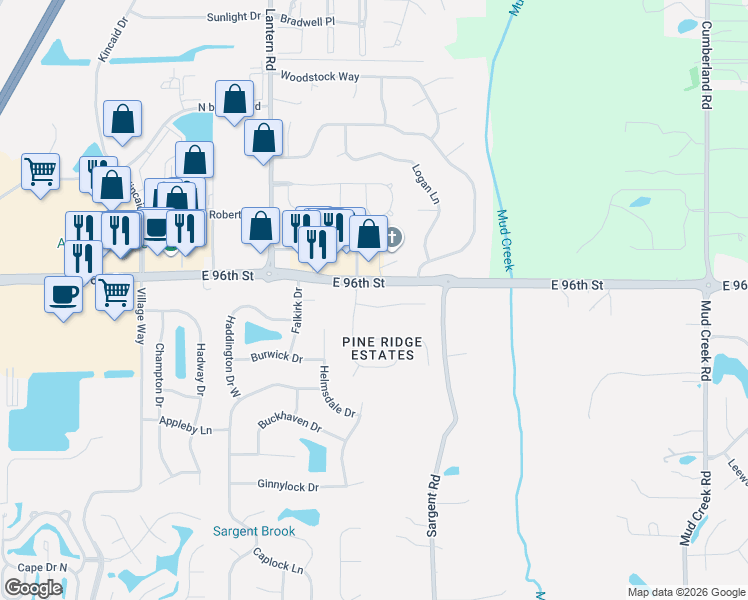map of restaurants, bars, coffee shops, grocery stores, and more near 9559 Pinecreek Drive in Indianapolis