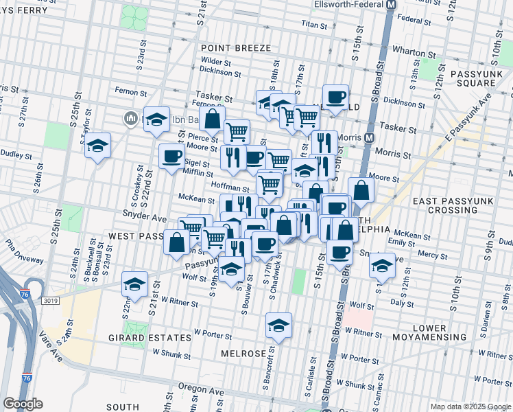 map of restaurants, bars, coffee shops, grocery stores, and more near 1925 South 18th Street in Philadelphia