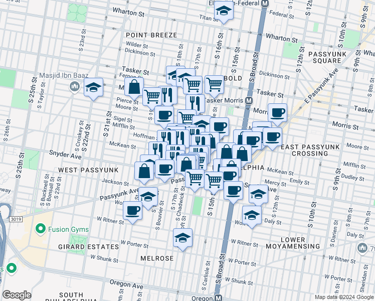 map of restaurants, bars, coffee shops, grocery stores, and more near 1938 South Chadwick Street in Philadelphia