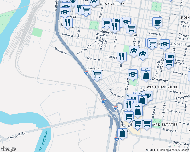 map of restaurants, bars, coffee shops, grocery stores, and more near 2829 Cantrell Street in Philadelphia