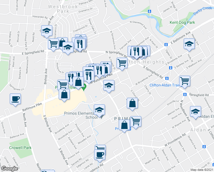 map of restaurants, bars, coffee shops, grocery stores, and more near 266 Cambridge Road in Clifton Heights