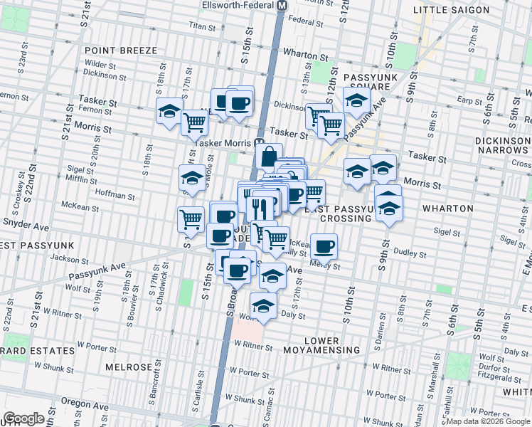 map of restaurants, bars, coffee shops, grocery stores, and more near 1326 Sigel Street in Philadelphia