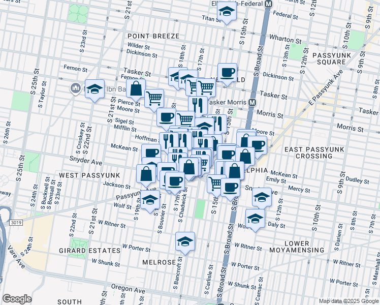 map of restaurants, bars, coffee shops, grocery stores, and more near 1938 South Chadwick Street in Philadelphia