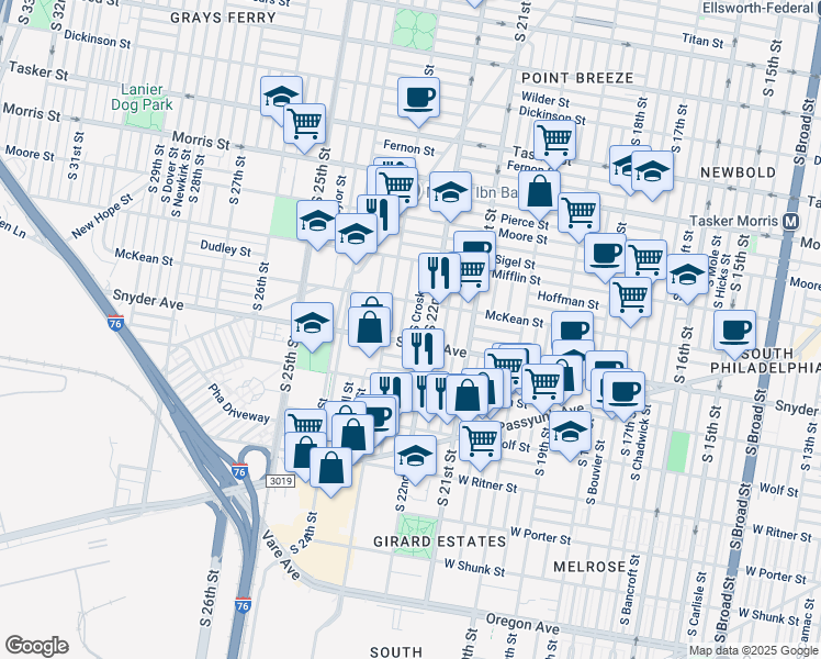 map of restaurants, bars, coffee shops, grocery stores, and more near 2038 South Croskey Street in Philadelphia