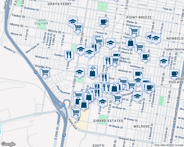 map of restaurants, bars, coffee shops, grocery stores, and more near 2044 South Bonsall Street in Philadelphia