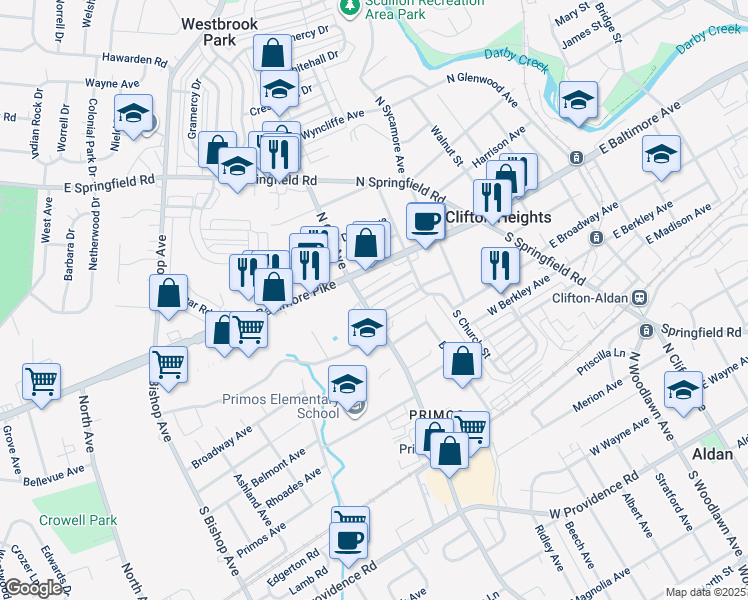 map of restaurants, bars, coffee shops, grocery stores, and more near 266 Cambridge Road in Clifton Heights