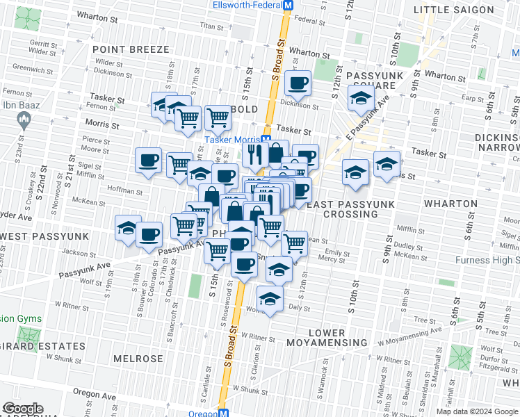 map of restaurants, bars, coffee shops, grocery stores, and more near 1907 South Broad Street in Philadelphia