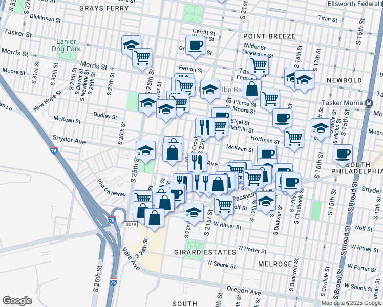 map of restaurants, bars, coffee shops, grocery stores, and more near 2038 South Croskey Street in Philadelphia