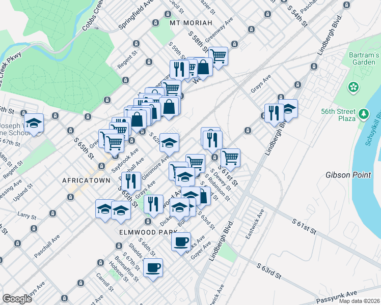 map of restaurants, bars, coffee shops, grocery stores, and more near 6132 Grays Avenue in Philadelphia
