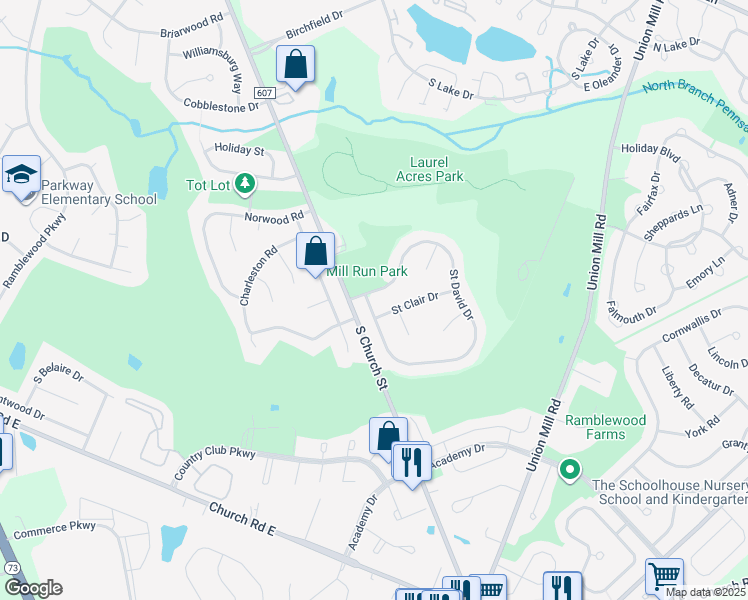map of restaurants, bars, coffee shops, grocery stores, and more near 205 Saint David Drive in Mount Laurel Township