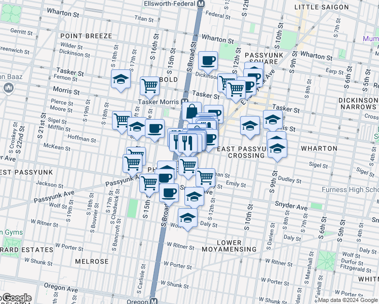 map of restaurants, bars, coffee shops, grocery stores, and more near 1322 Mifflin Street in Philadelphia