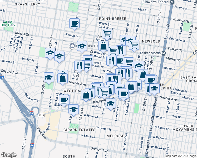 map of restaurants, bars, coffee shops, grocery stores, and more near 2001 Emily Street in Philadelphia
