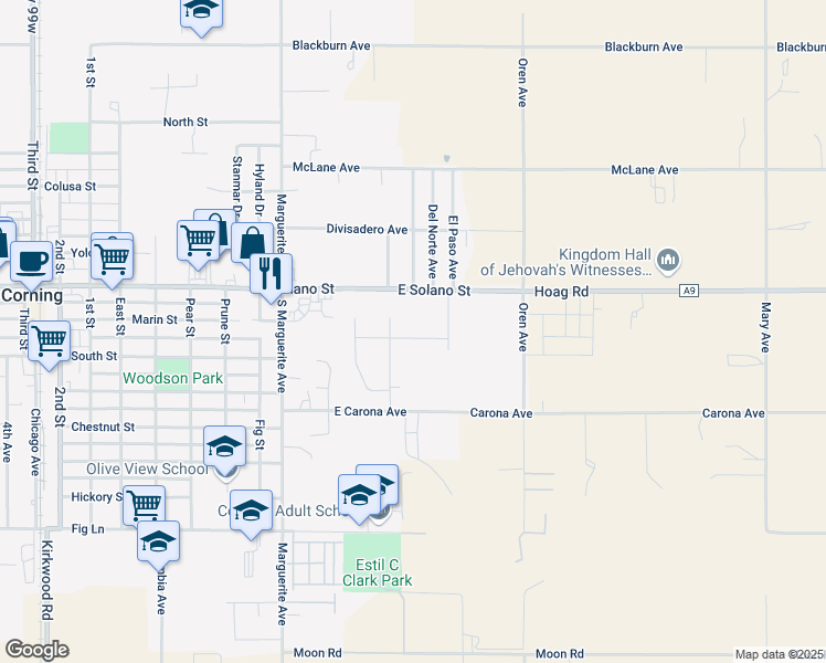 map of restaurants, bars, coffee shops, grocery stores, and more near 440 Clear Creek Street in Corning