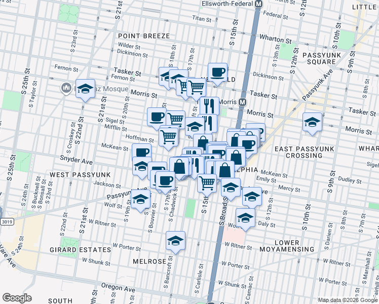 map of restaurants, bars, coffee shops, grocery stores, and more near 1912 South 16th Street in Philadelphia