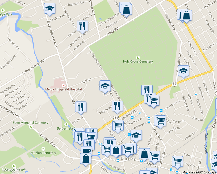 map of restaurants, bars, coffee shops, grocery stores, and more near 1327 Edgehill Road in Darby