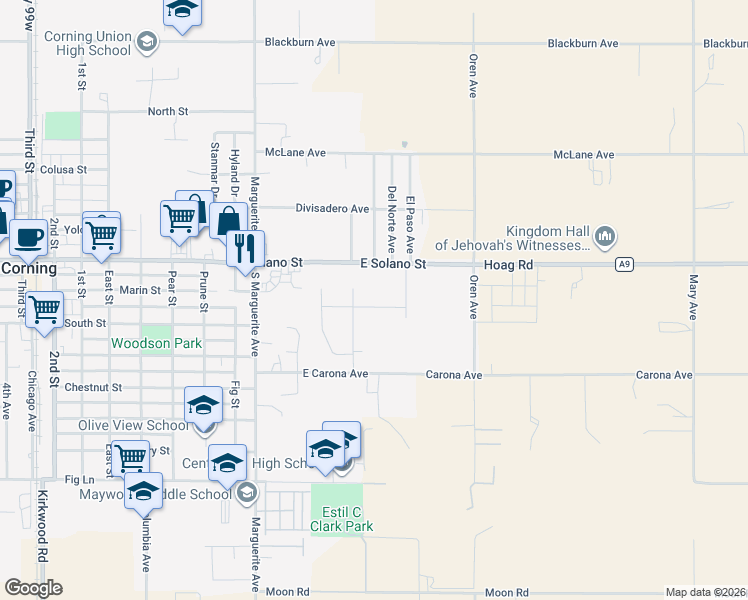 map of restaurants, bars, coffee shops, grocery stores, and more near 440 Clear Creek Street in Corning