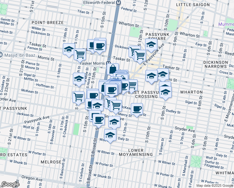 map of restaurants, bars, coffee shops, grocery stores, and more near 1899 East Passyunk Avenue in Philadelphia