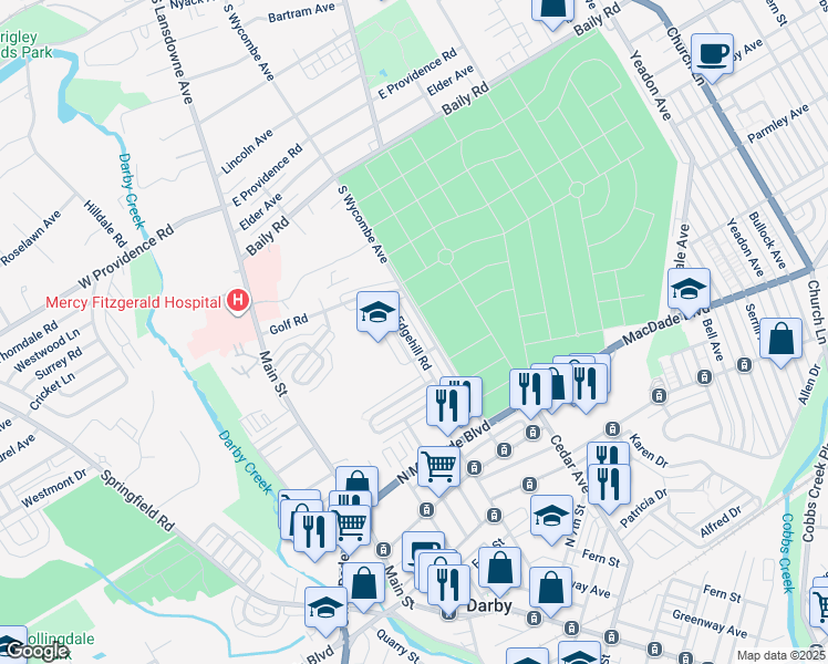 map of restaurants, bars, coffee shops, grocery stores, and more near 1327 Edgehill Road in Darby