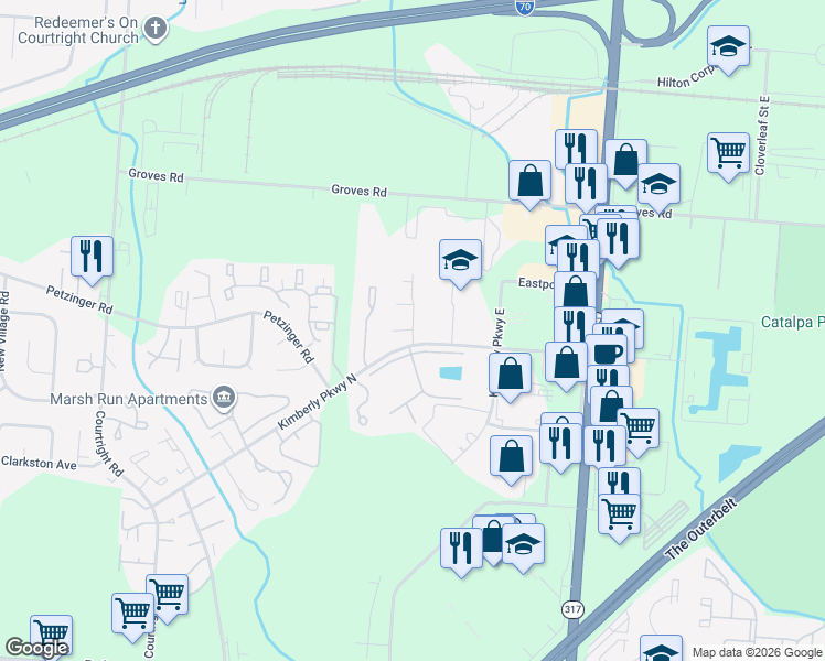 map of restaurants, bars, coffee shops, grocery stores, and more near 4117 Alvada Lane in Columbus